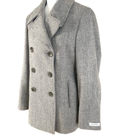 NEW Calvin Klein Size 12 Double Breasted Tweed Pea Coat Wool Blend Gray - Picture 1 of 9